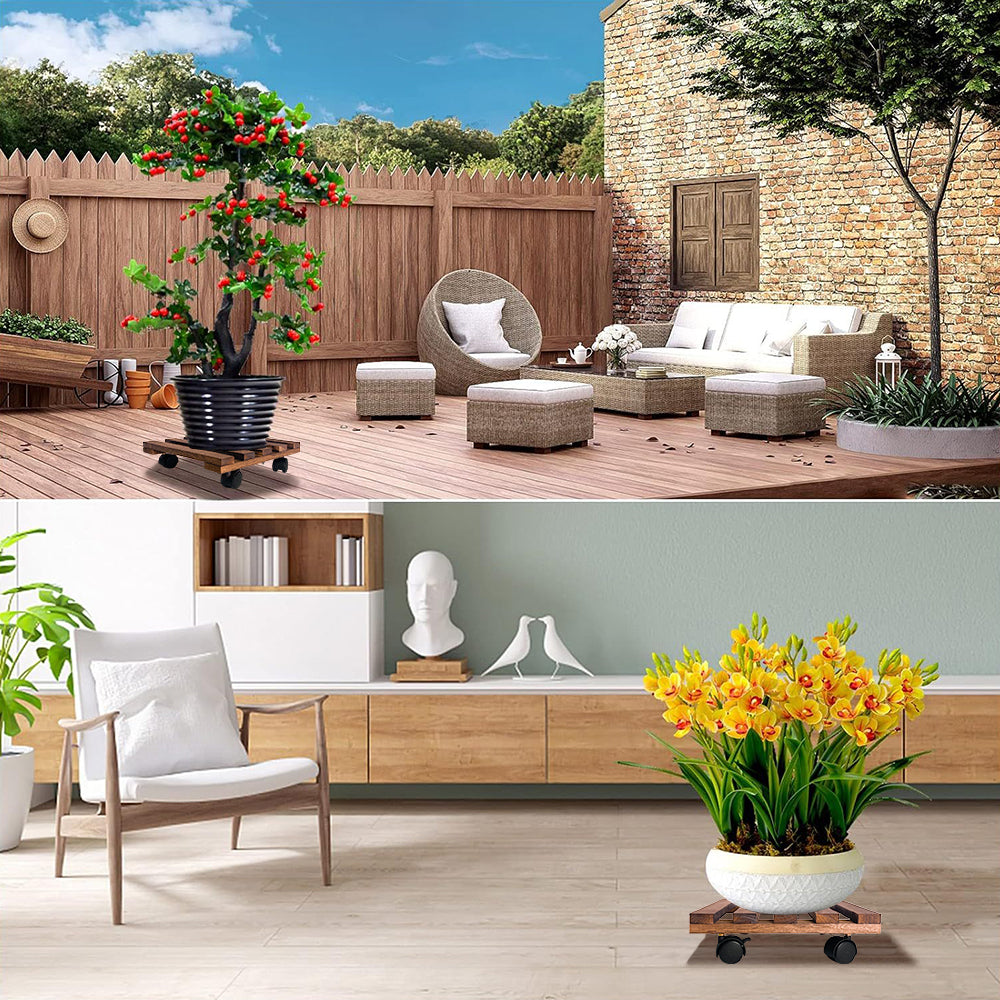 GREENHAVEN Plant Caddy Wooden Plant Stand with Wheels - Wood Color