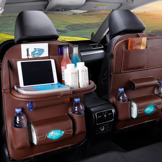 PU Leather Foldable Car Seat Organizer with Table Tray and Pockets