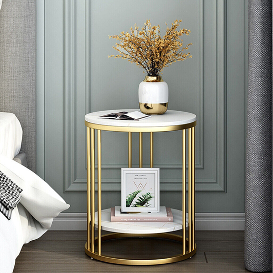 Round Marble Accent Table End 2 Tiers Storage Table - Gold