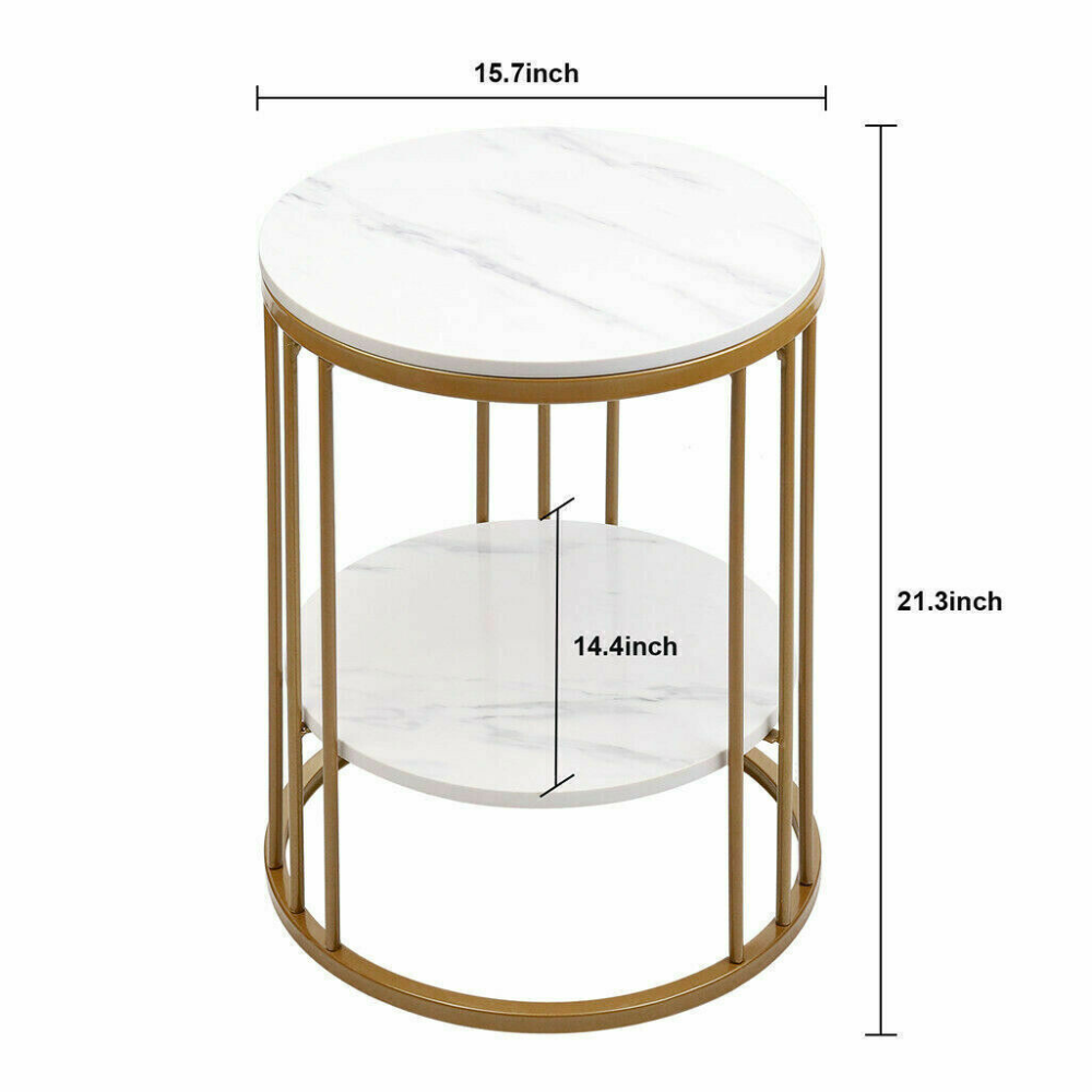 Round Marble Accent Table End 2 Tiers Storage Table - Gold