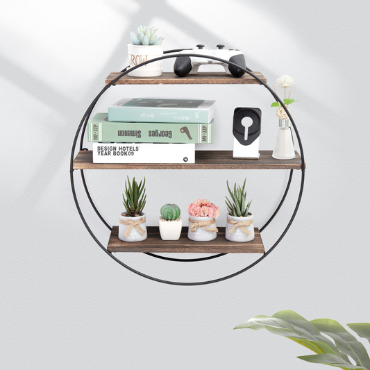 3 Tier Floating Wall Mounted Rustic Industrial Wood Metal Shelves