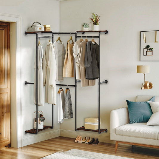 Wall-Mounted Industrial Pipe Clothes Rack with Shelves