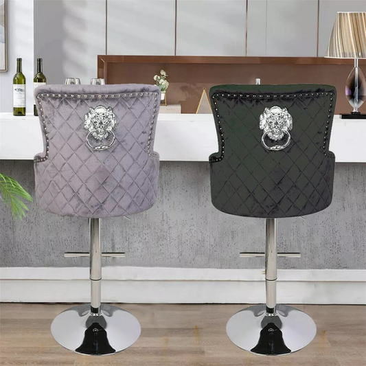 Luxurious Velvet Swivel Bar Stool with Lion Knocker & High Back