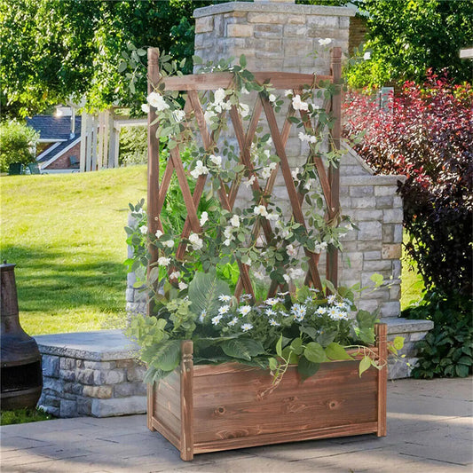 Lattice Raised Garden Bed Wooden Planter Box with Trellis