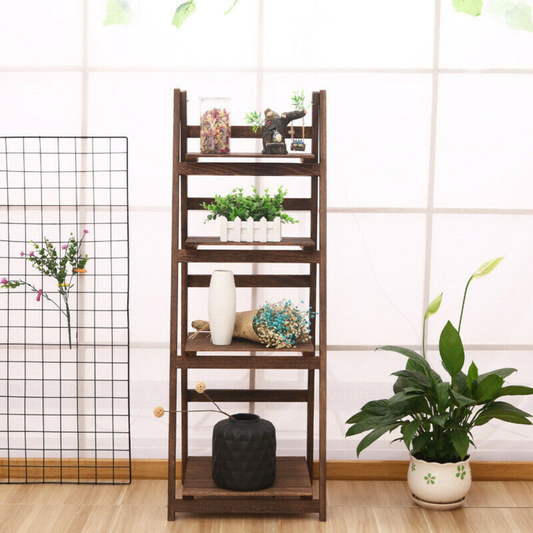 Folding 4 Tier Ladder Shelf Storage Shelving Unit Wooden Bookcase