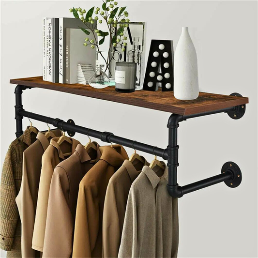 Industrial Pipe Clothes Rack with Top Shelf Coat Hanger