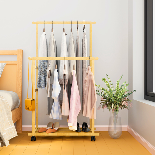 Free Standing Bamboo Double Hanging Clothes Organizer on Wheels