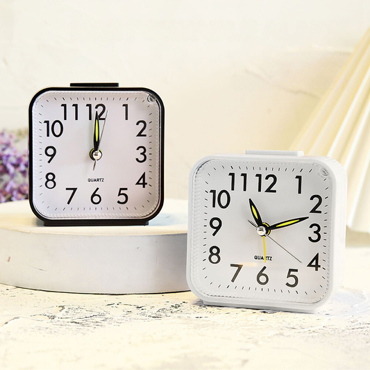 Mini Square Silent Alarm Clocks Non-ticking Analog Quartz Clock with LED - Battery Power