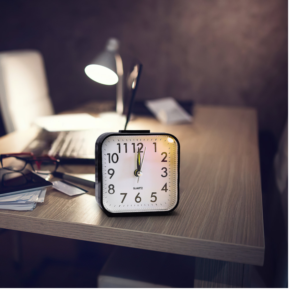 Mini Square Silent Alarm Clocks Non-ticking Analog Quartz Clock with LED - Battery Power