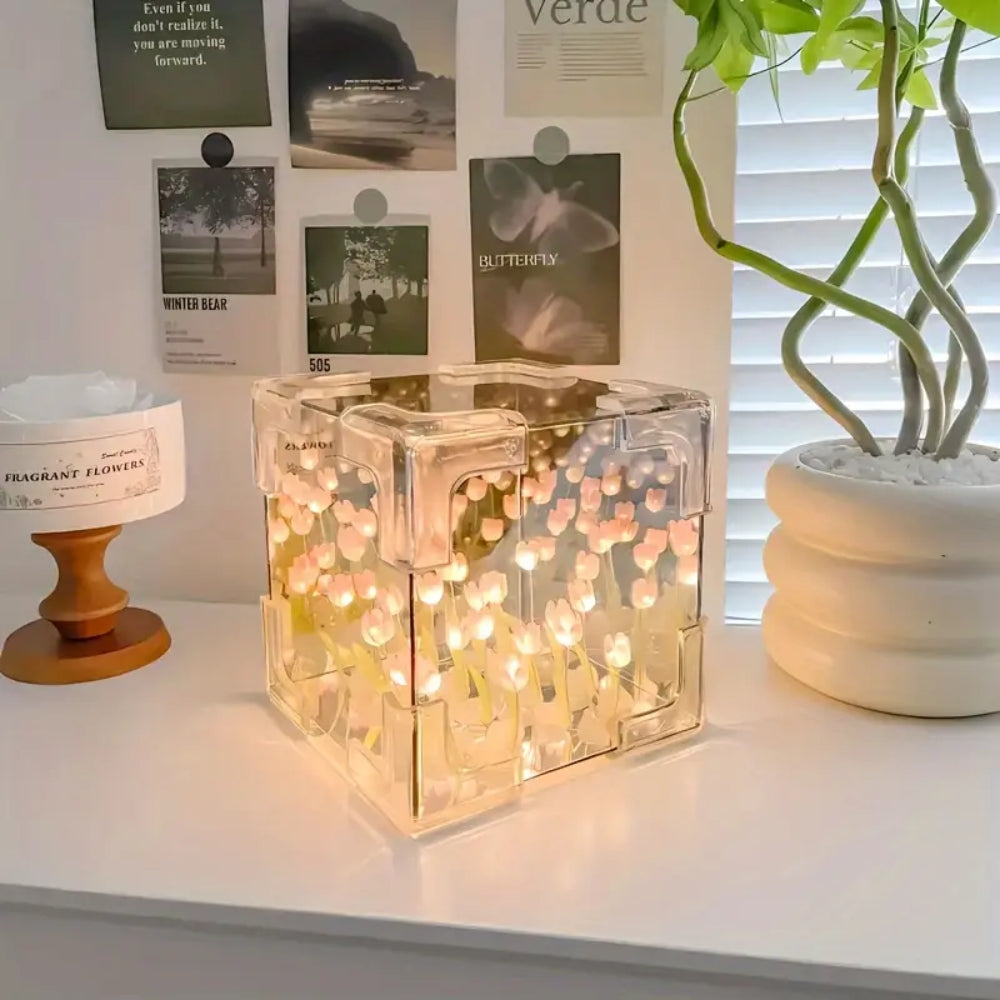 DIY Tulip Night Light Cube Mirror Tulip Lamp Decorative Tulip Mirror Lamp