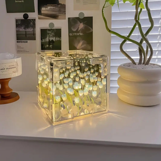 DIY Tulip Night Light Cube Mirror Tulip Lamp Decorative Tulip Mirror Lamp
