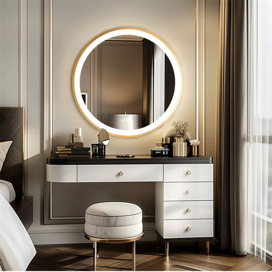24 Inch Gold Frame Round Bathroom Mirror with Lights