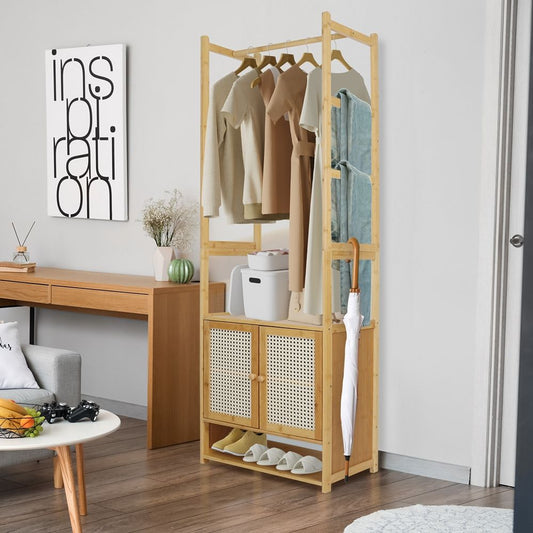 Freestanding Bamboo Clothes Rack with Shoe Cabinet