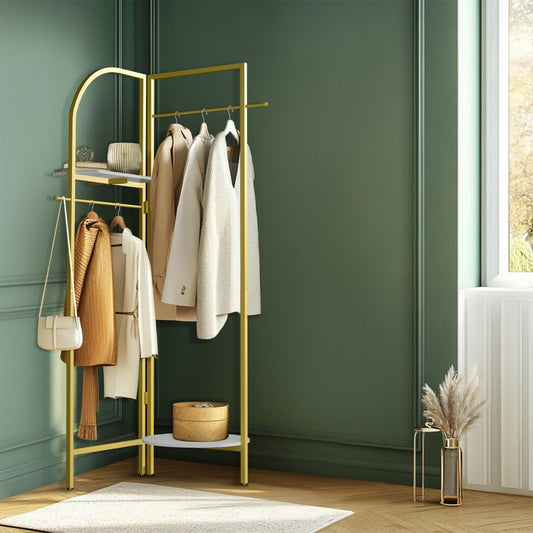 Freestanding Gold Metal Coat Rack Entryway Corner Clothes Stand with Shelf