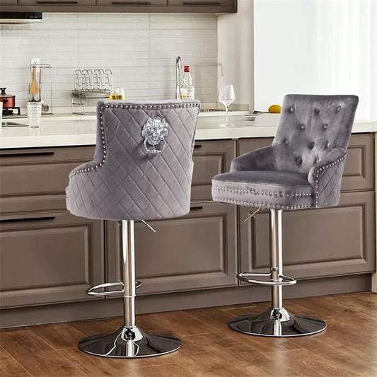 Velvet Swivel Bar Stools with Luxurious Upholstery and Lion Knocker Detail