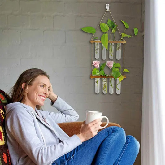 2 Layer Glass Wall Hanging Planter with Wooden Stand