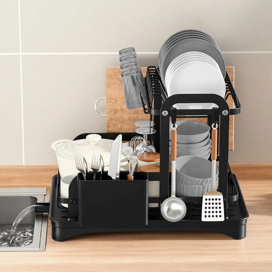 360 Degree Rotating 2 Tier Dish Bowl Drainer Kitchen Tableware Rack