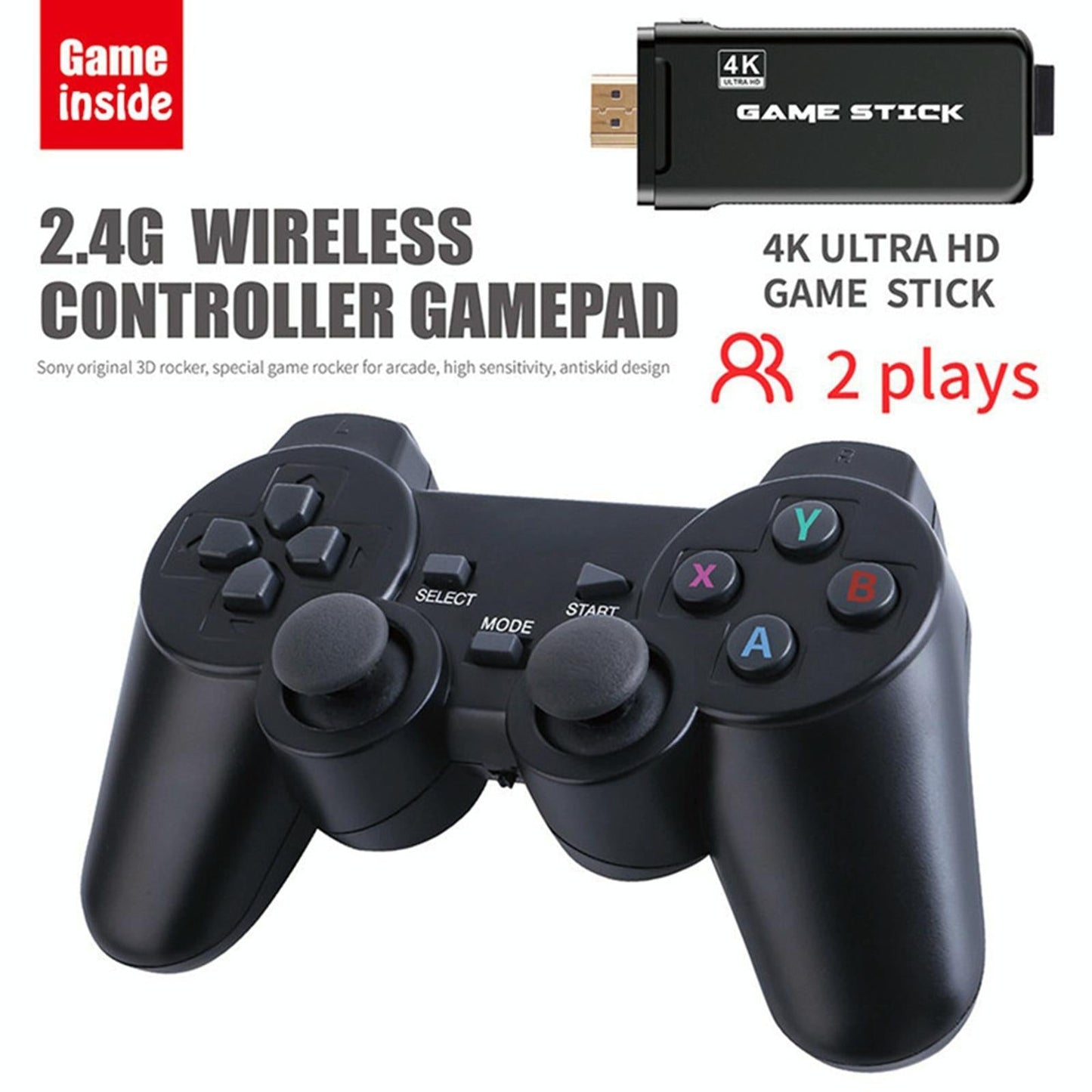 64Gb 4K Retro Game Stick + 2 Wireless Gamepads & 10 000+ Pre-Installed Games-1915198063752908809