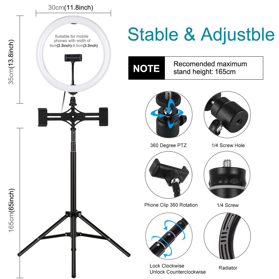 11.8 Led Ring Light Kit With Tripod & Dual Phone Bracket - 3 Modes Dual Colour Temperature Usb Live Broadcast - Black-1915196721982476292