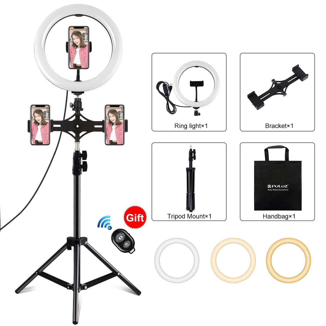 10.2 Led Ring Light With Tripod & Dual Phone Brackets - Usb Dimmable Dual Colour Temperature Selfie Remote - Black-1922443471784906752