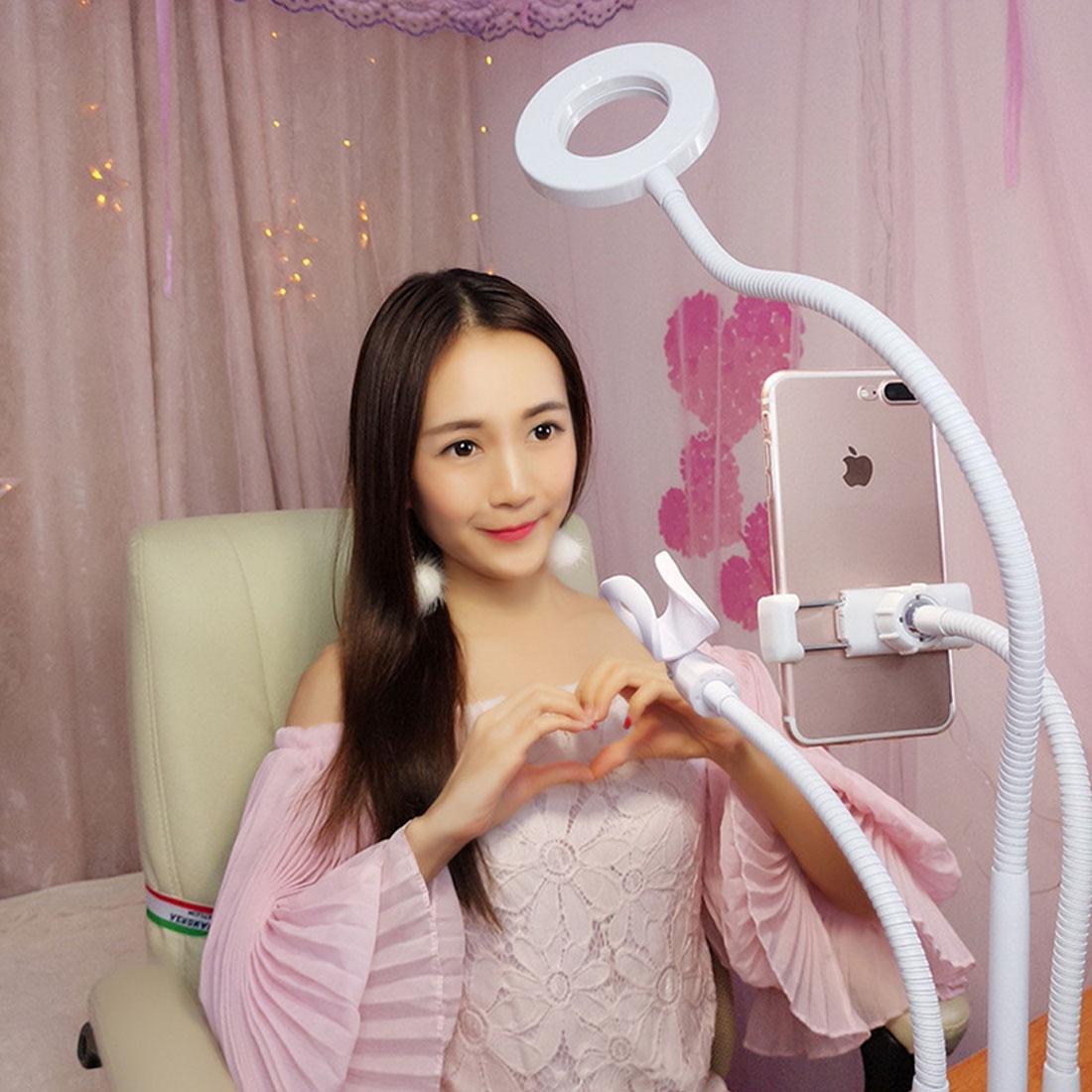 Universal Cell Phone Holder With Selfie Ring Light Microphone Clip & 3-Colour Light Adjustment For Studio Recording Live Broadcast Ktv White-1915196629716176904