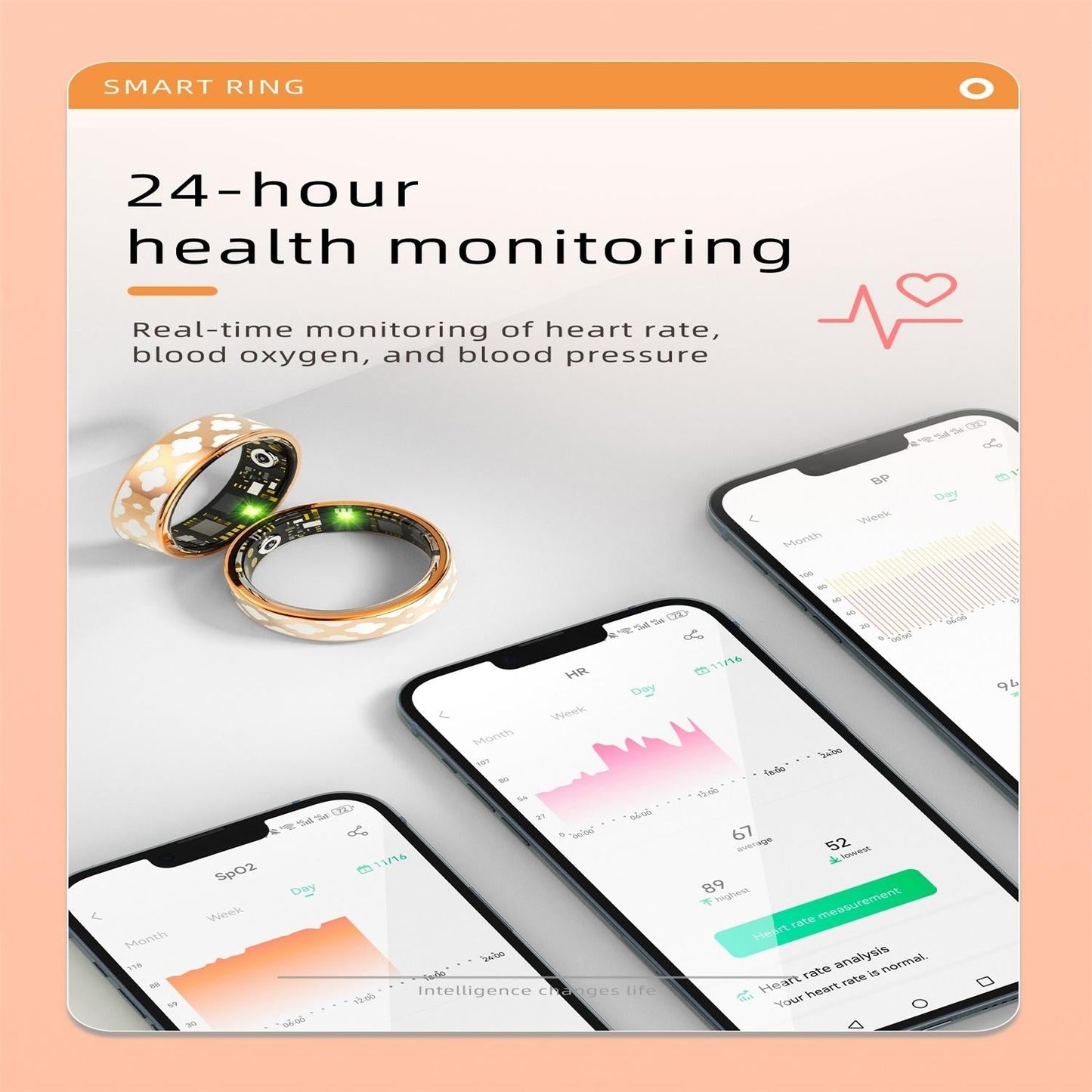 Smart Ring With Heart Rate Blood Oxygen Sleep Monitoring - Rose Gold Size 9-1915196928069603335