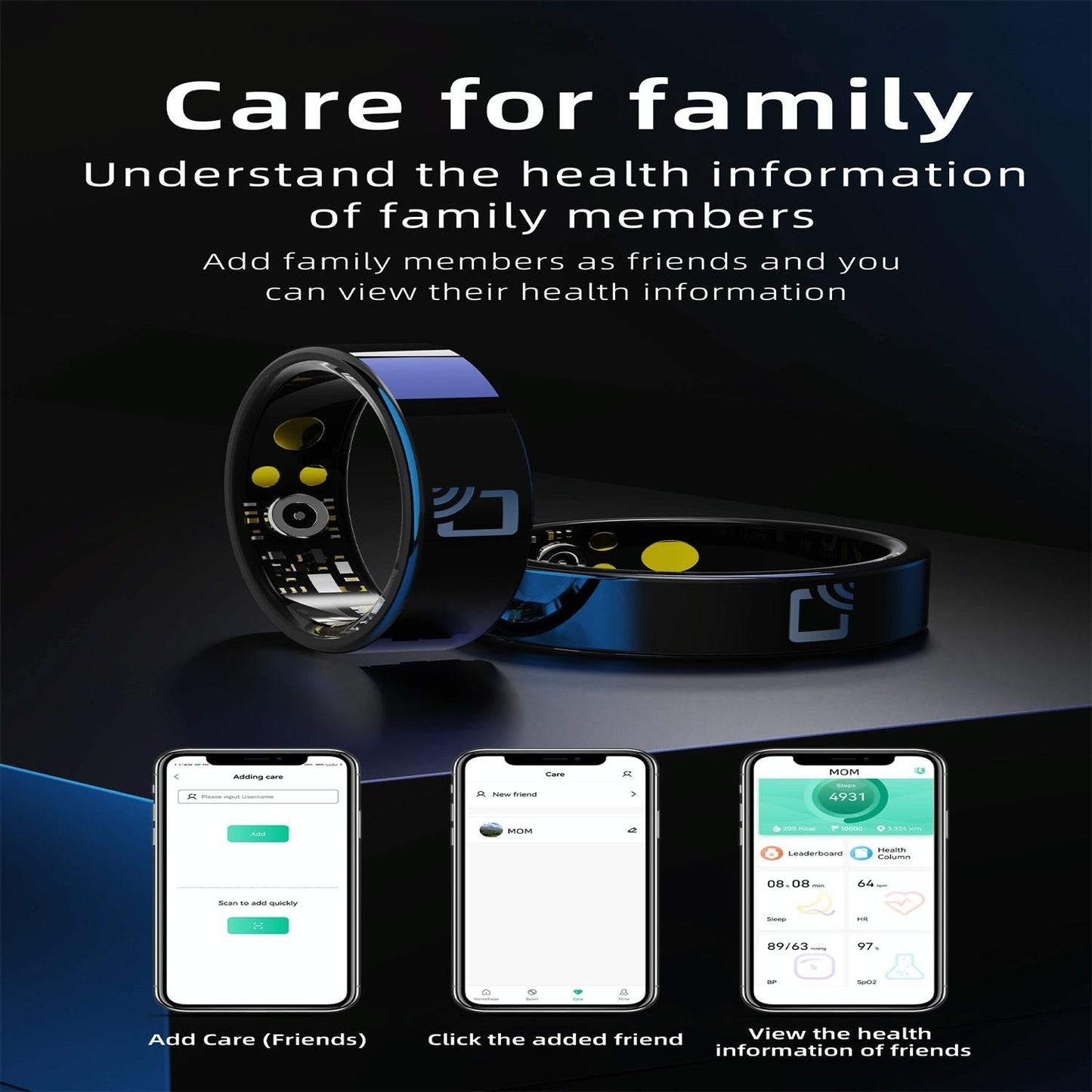 Smart Ring With Heart Rate Blood Oxygen Sleep Monitoring - Multiple Sports Modes - Black Size 14-1922443426901659652