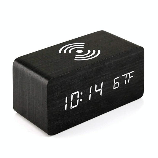 5W Wooden Wireless Charger With Led Mirror Display And Sub Alarm Clock - Bamboo