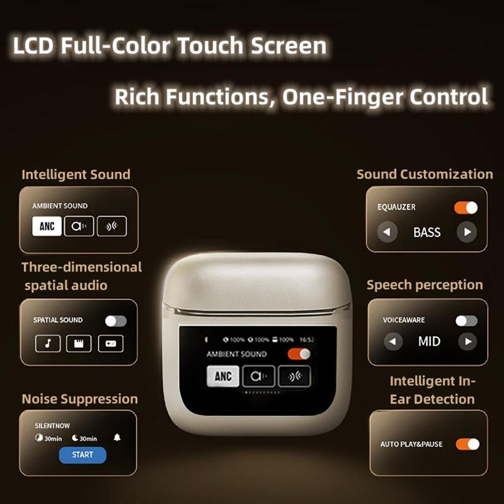 Wireless Bluetooth Earphones with Touch Screen and Active Noise Reduction - Black