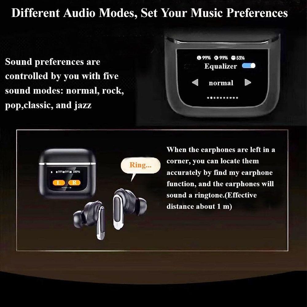 Wireless Bluetooth Earphones with Touch Screen and Active Noise Reduction - Black