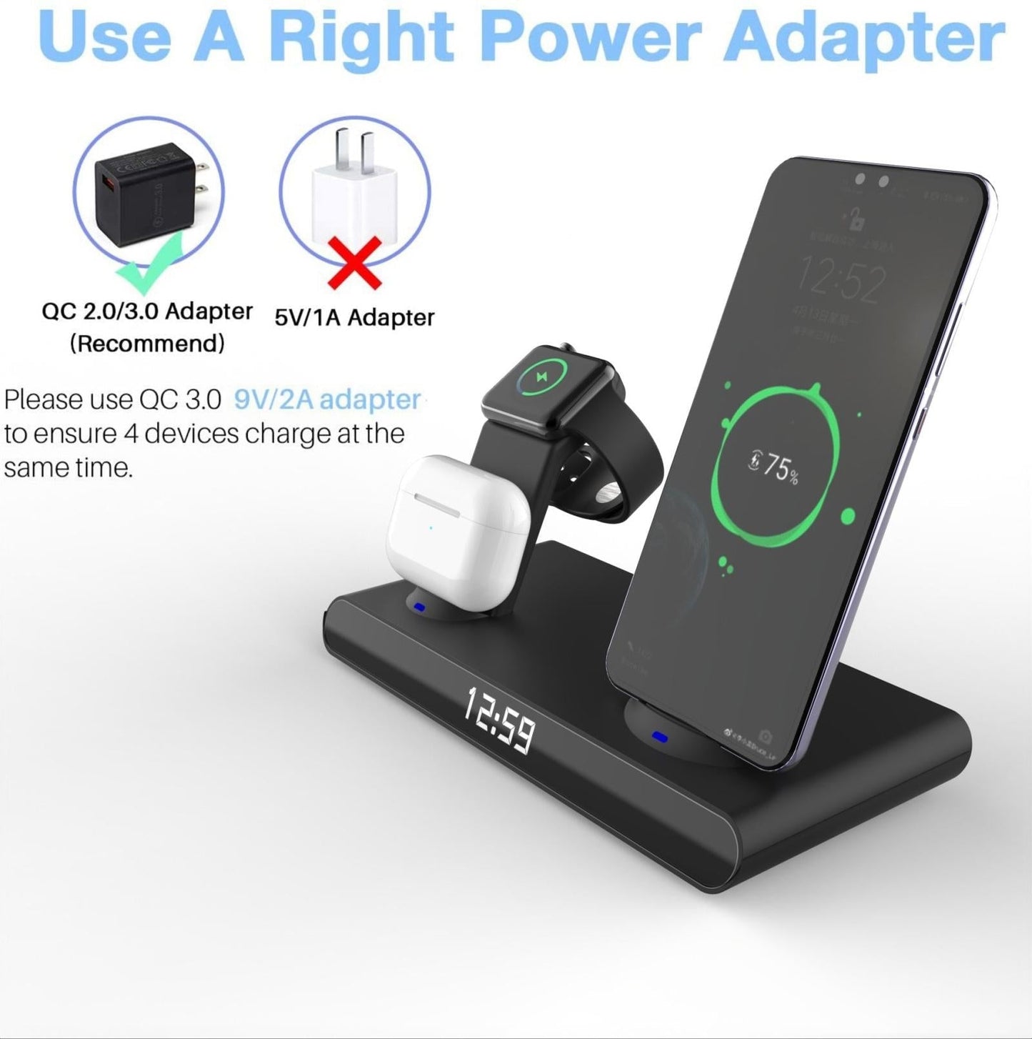 15W Wireless Fast Charge Stand With Clock And Folding Design-White