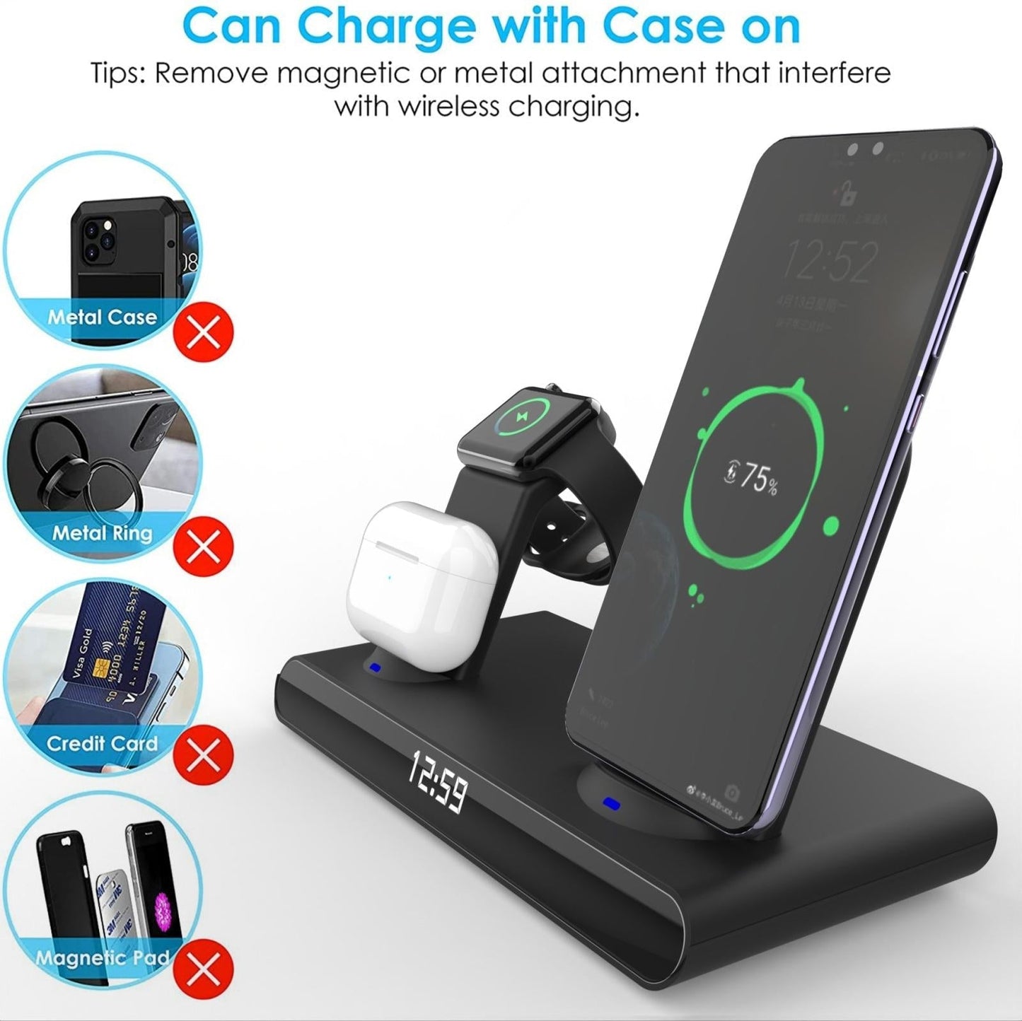 15W Wireless Fast Charge Stand With Clock And Folding Design-White