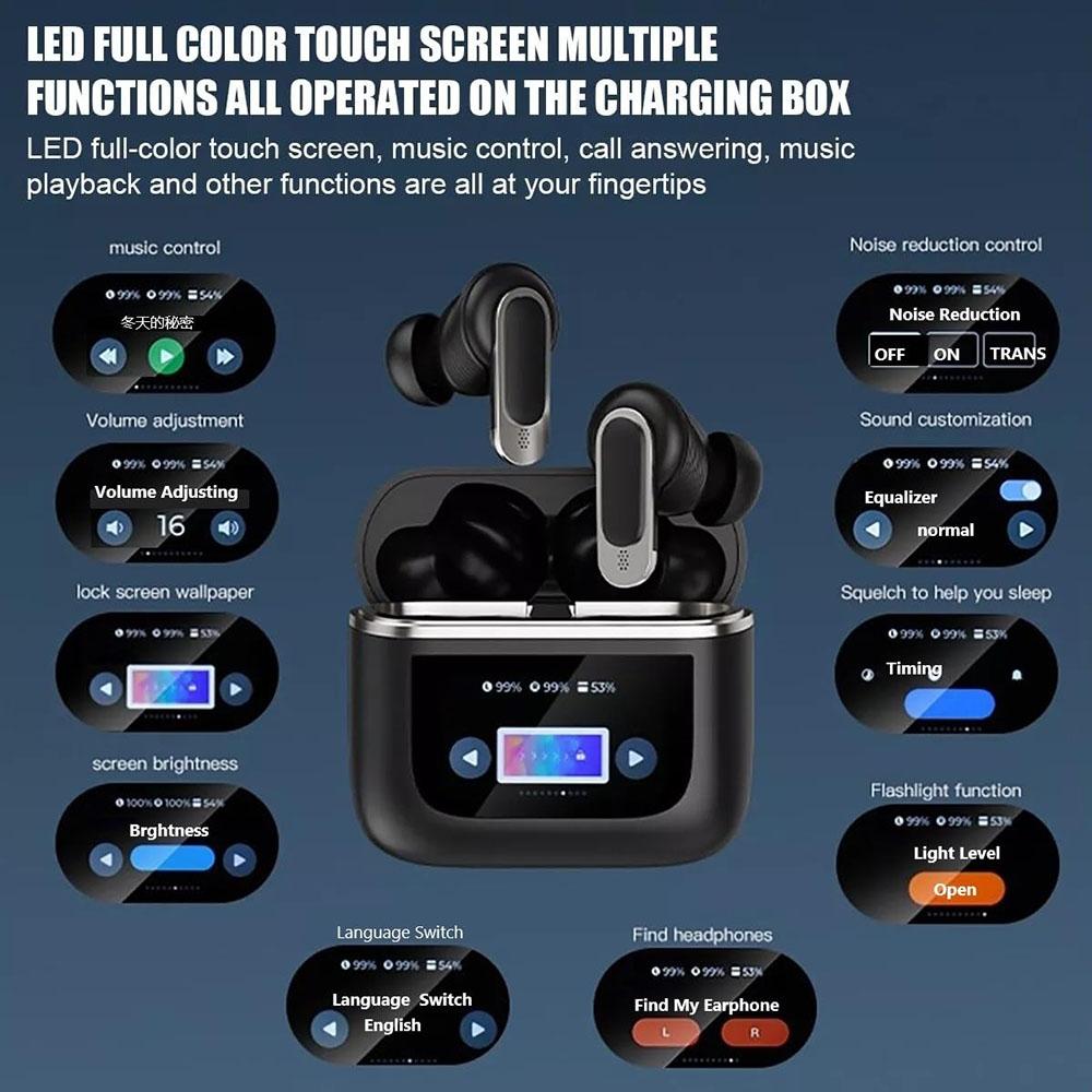 Wireless Bluetooth Earphones with Touch Screen and Active Noise Reduction - Gold