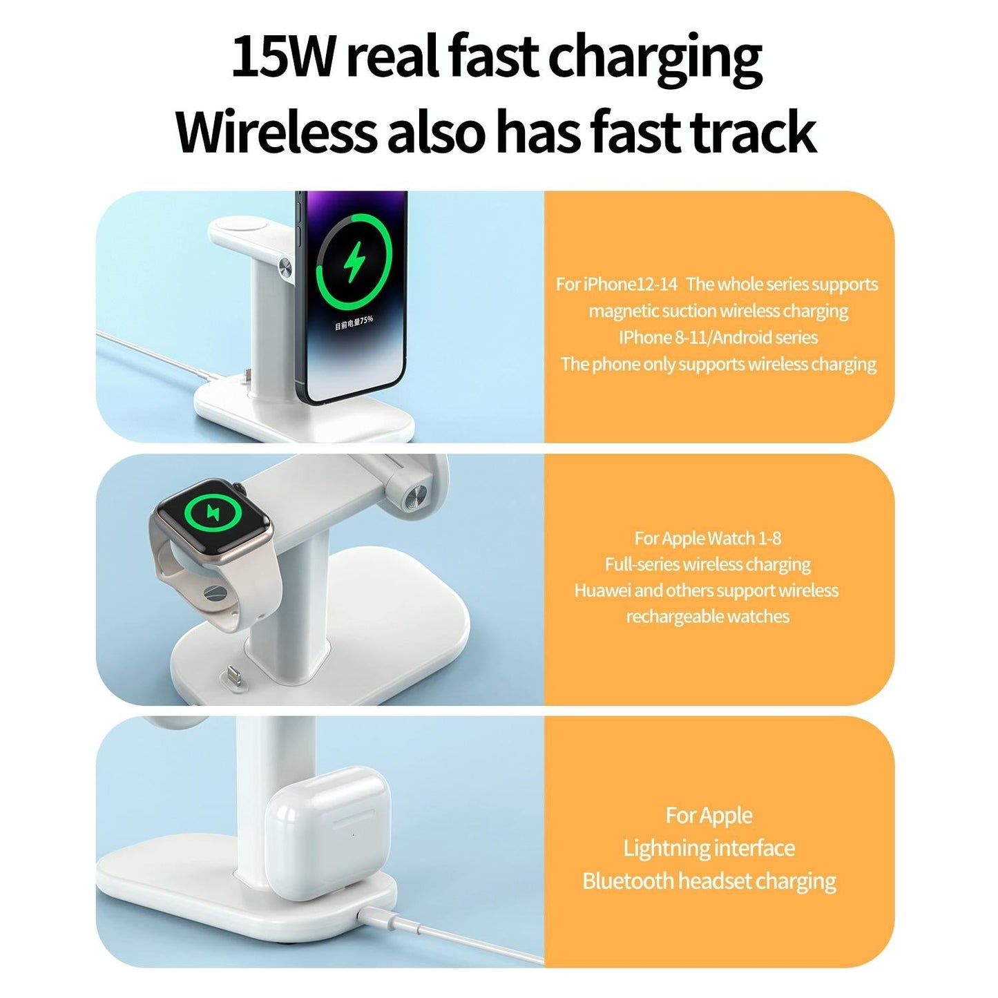 3 In 1 Magnetic Wireless Charger Stand 15W - Black
