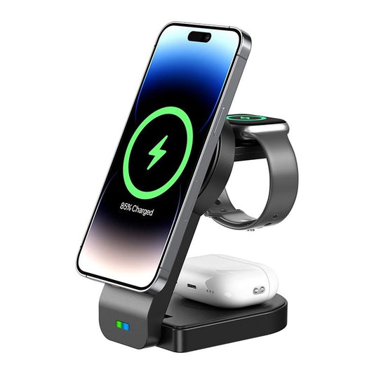 3 In 1 Foldable Magnetic Wireless Charger With Phone Holder Au Plug - Black