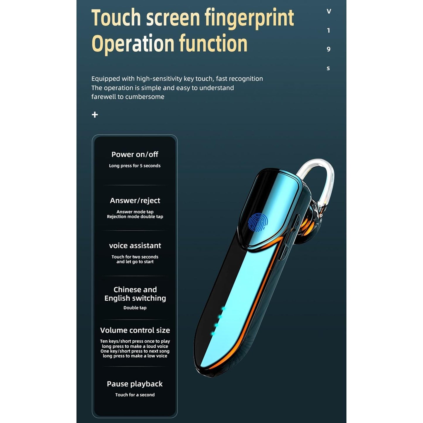 Business Style Bluetooth 5.0 Earphone with Fingerprint Touch - Blue