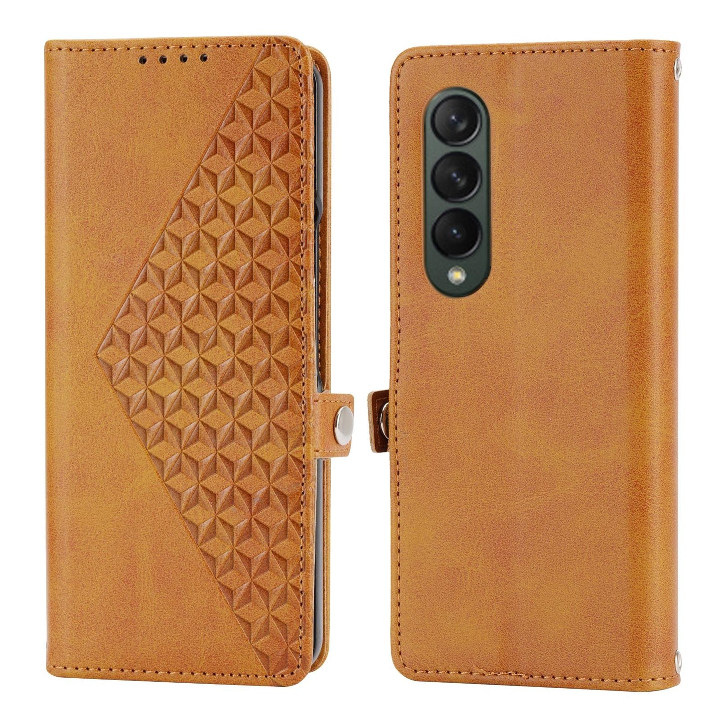 For Samsung Galaxy Z Fold4 5G Textured Leather Phone Case - Cubic Grid Design - Brown