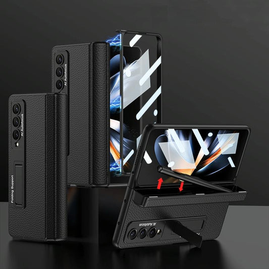 For Samsung Galaxy Z Fold4 5G Leather Phone Case With Foldable Hinge And Holder - Green