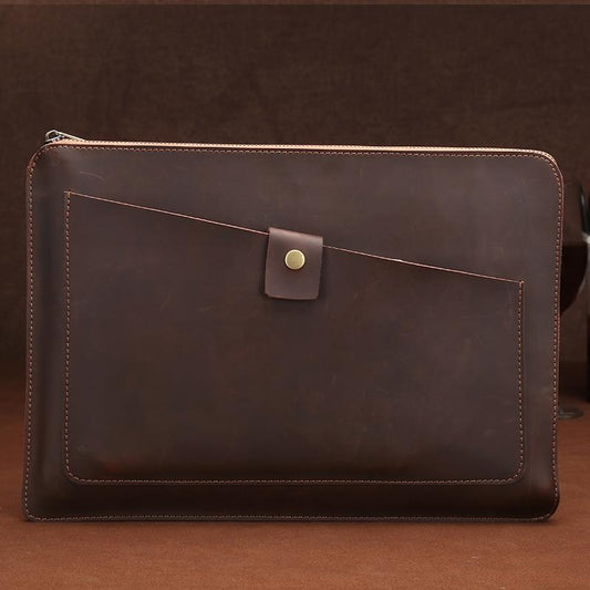 Premium Leather Business Laptop / Tablet Zipper Bag - Universal Fit - Coffee