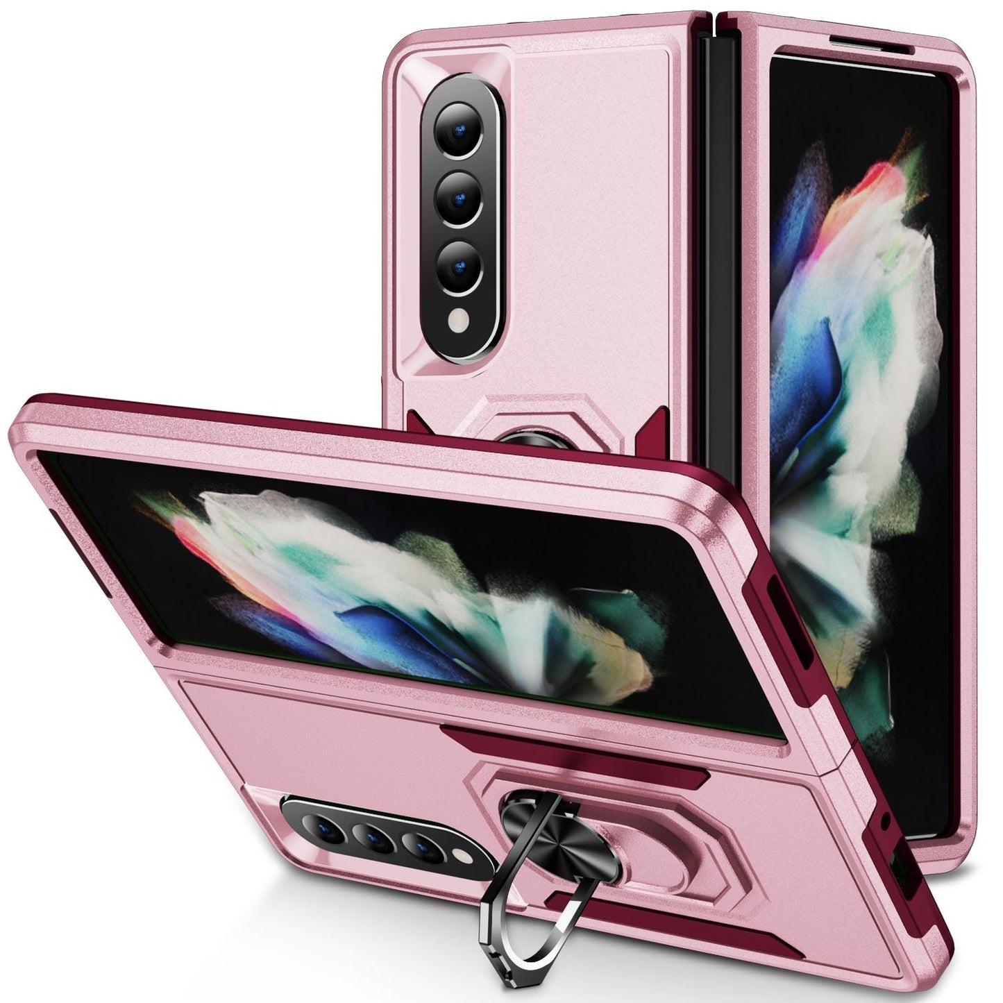 For Samsung Galaxy Z Fold4 5G Shockproof Case With Holder - Pc Tpu - Red + Rose Red