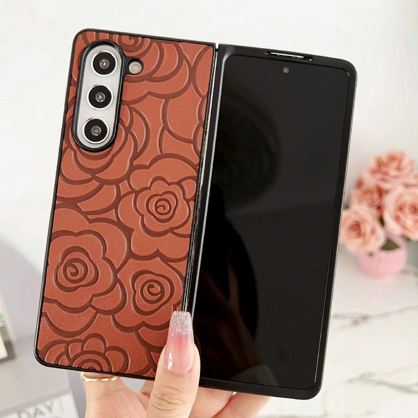 For Samsung Galaxy Z Fold4 5G Floral Print Protective Phone Case - Brown