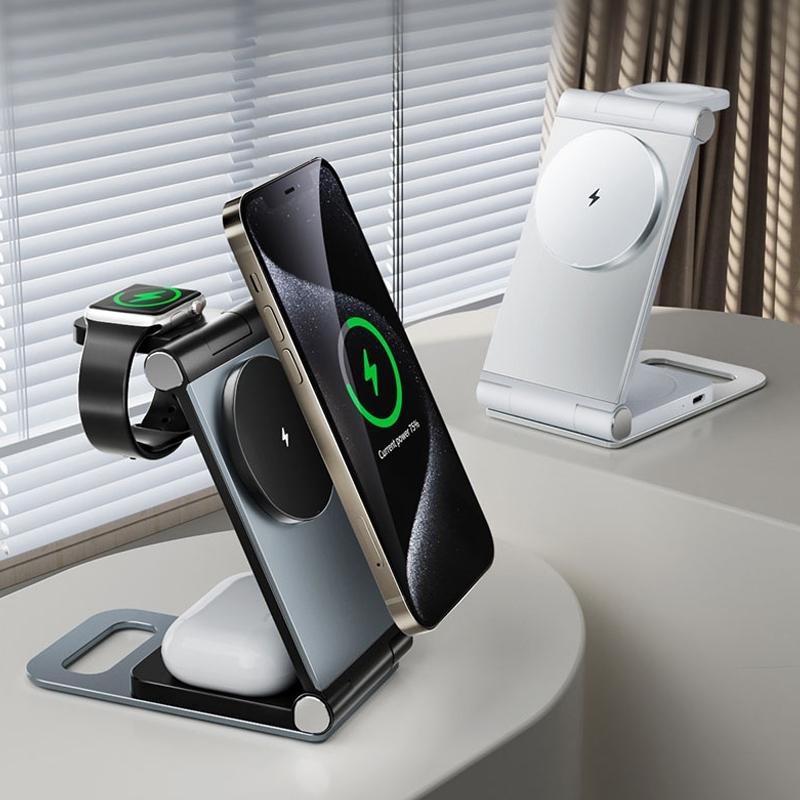 15W 3 In 1 Foldable Desktop Wireless Charger - Dark Gray