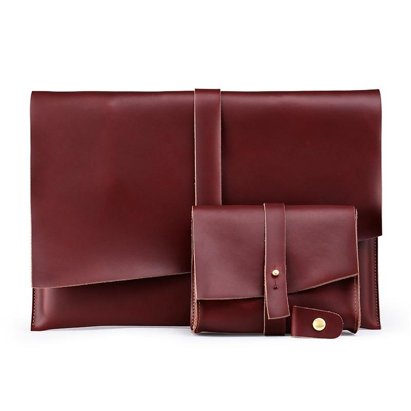 15 Laptop / Tablet Bag - Genuine Leather - Universal - Cable Winder - Business Power Adapter - Wine Red