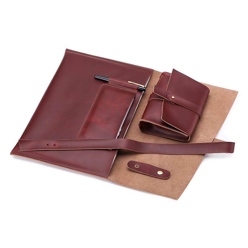 15 Laptop / Tablet Bag - Genuine Leather - Universal - Cable Winder - Business Power Adapter - Wine Red