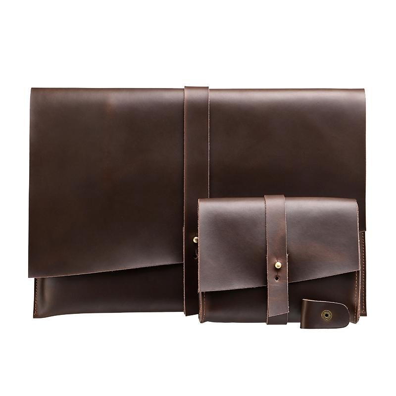15 Laptop / Tablet Bag - Genuine Leather - Universal - Cable Winder - Business Power Adapter - Wine Red