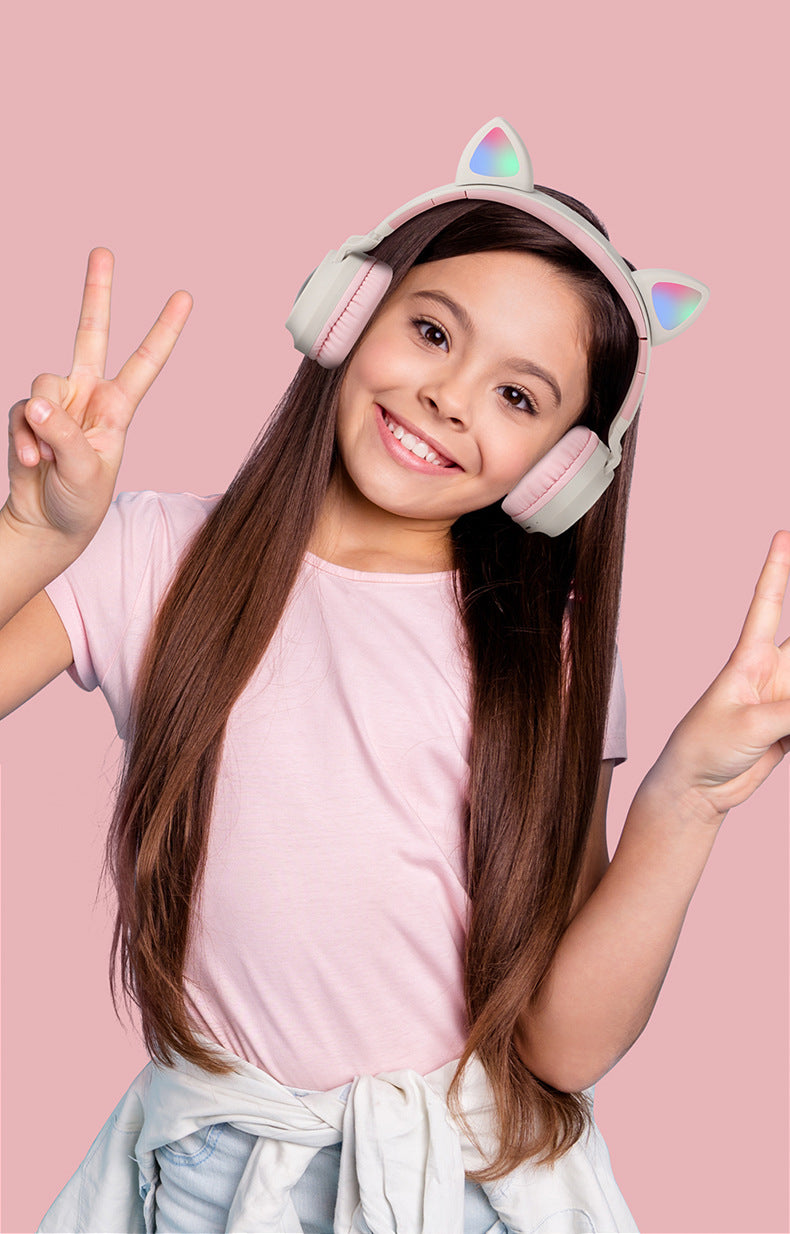 Adorable Cat Ear Wireless Headphones - Bluetooth 5.0, Foldable Design, Glowing RGB LED Lights - Cute Pink Headset