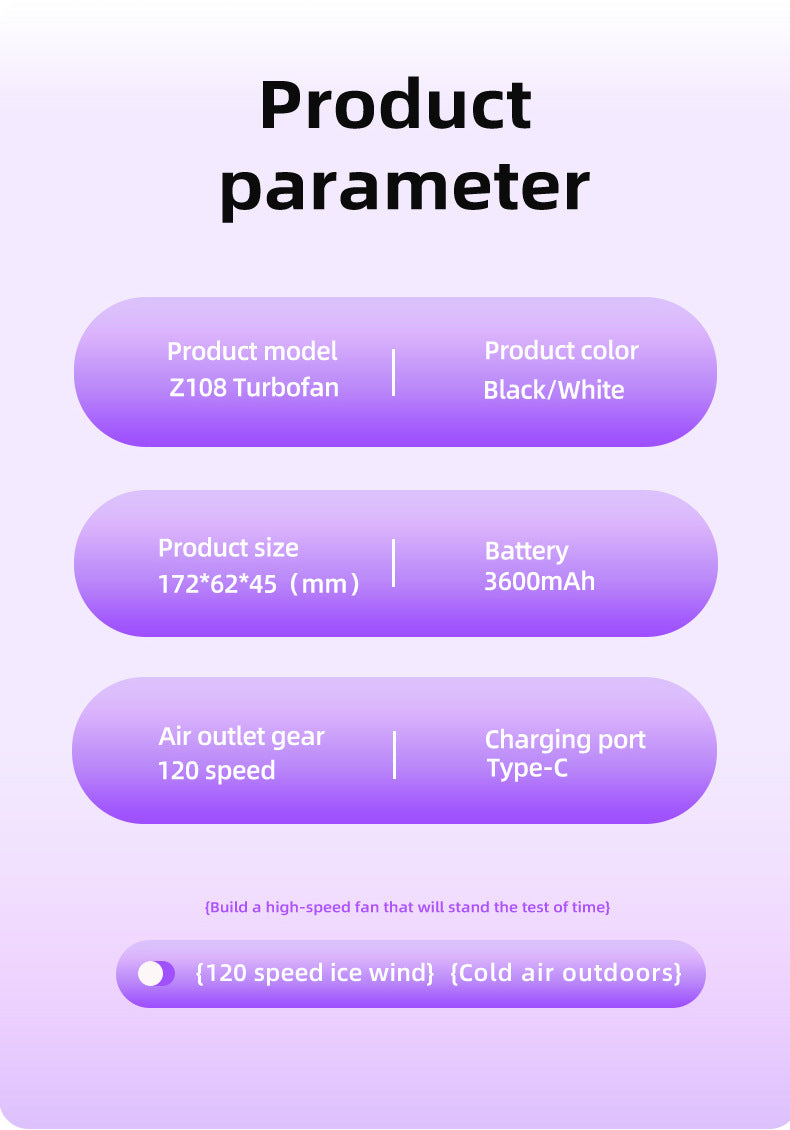 Purple Portable Handheld Fan with 120-Speed Display - USB Rechargeable Mini Cooling Fan for Outdoor Use