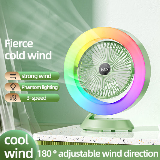 White RGB Desktop Fan - USB Rechargeable, 3-Speed, 180° Adjustable, LED Light