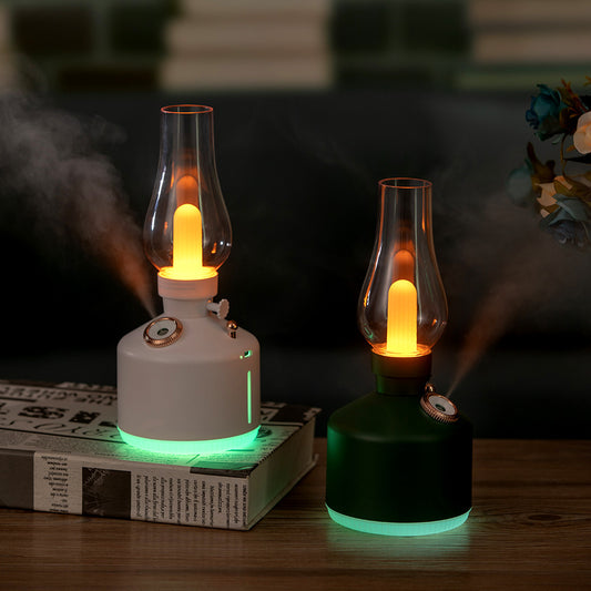Green Retro Kerosene Lamp Humidifier - Rechargeable Cool Mist Maker with Dimmable Light