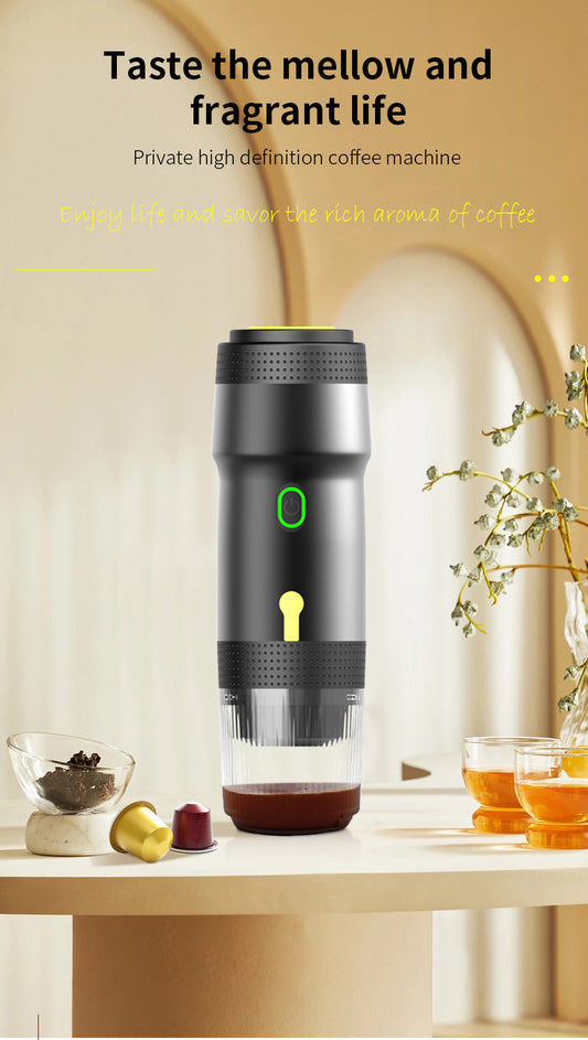 Black 3-in-1 Portable Electric Espresso Maker - Rechargeable Travel Coffee Machine for Capsules & Ground Coffee